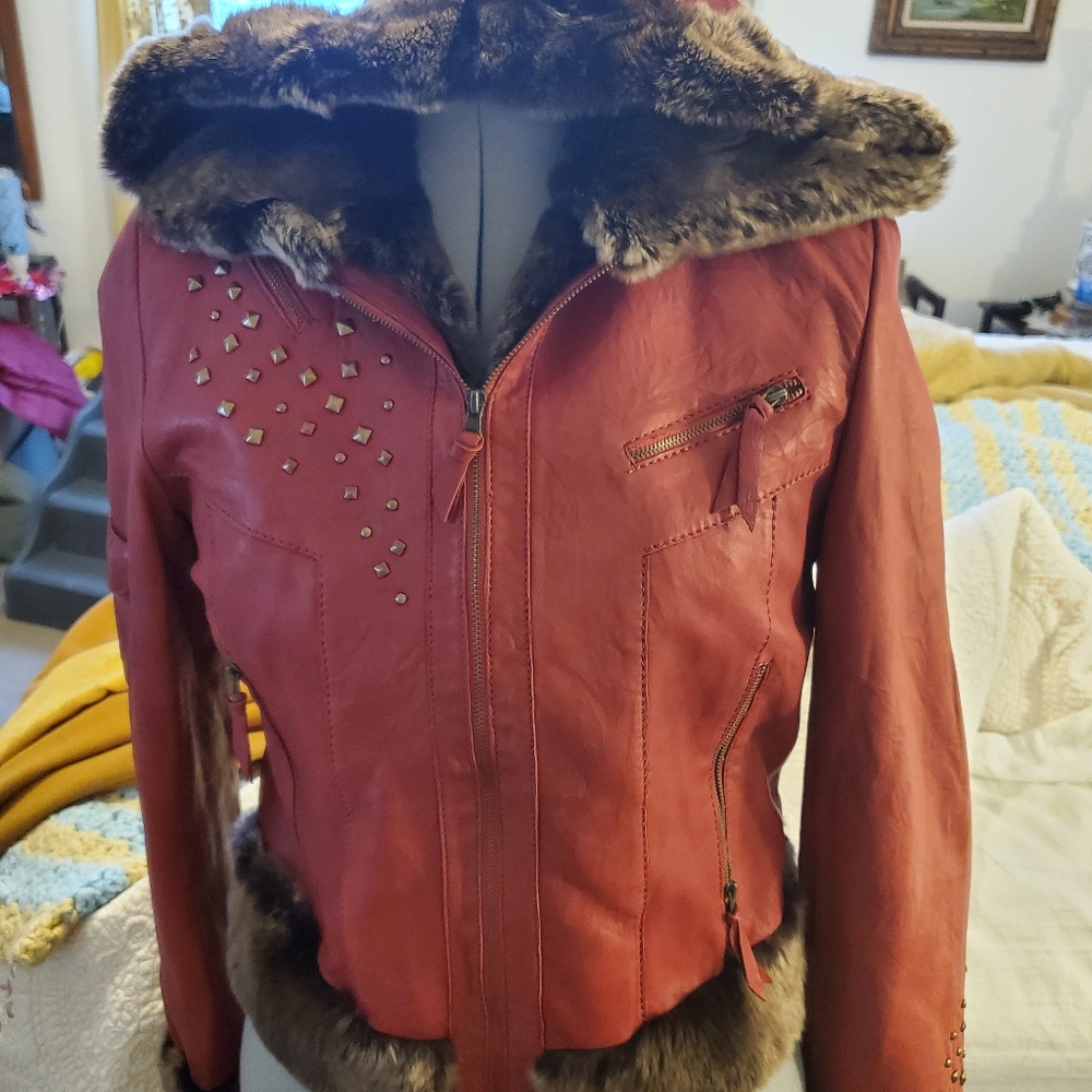 Red Leather Jacket with Chinchilla fur hood and sleeves from Italy by Stilista S